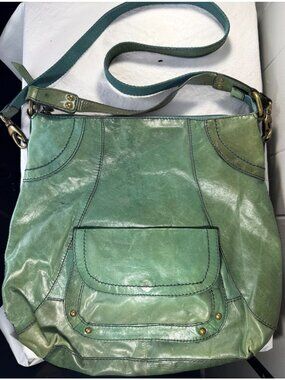 VTG Fossil 75082 Classic Sage Green Leather Shoulder Boho Bag Purse Handbag Hobo